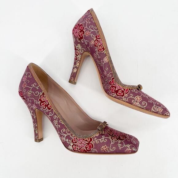 Vintage Prada Plum Gold Brocade Snakeskin Trim Bow Square Toe Heels IT 37.5 - Picture 4 of 13